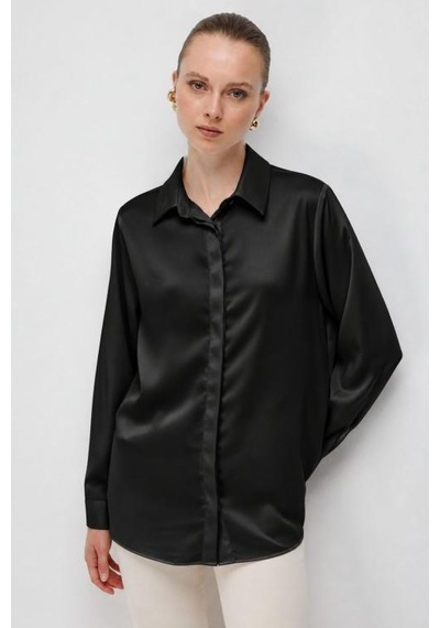 Mizalle Basic Siyah Saten Gömlek