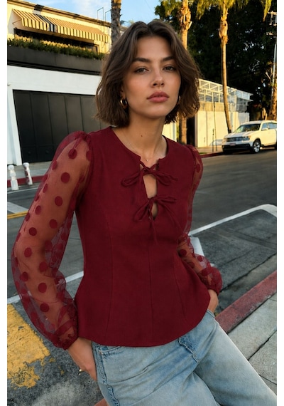 Armonika Kadın Bordo Yakası Bağlamalı Kolları Tül Peplun Bluz Arm-26y001076