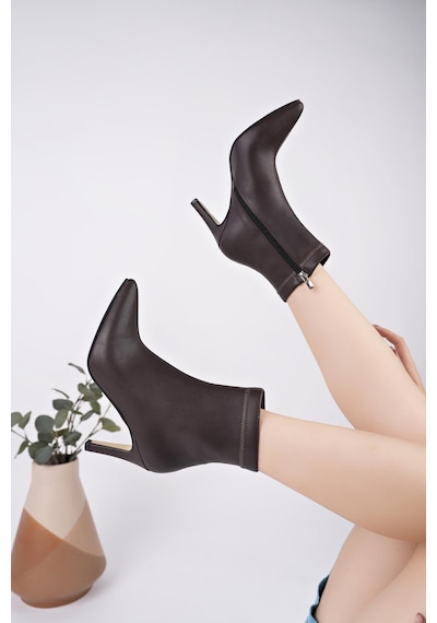 Nesilshoes Nesil Shoes Uraz 420 Kahve Fermuarlı İnce Topuklu Kadın Bot