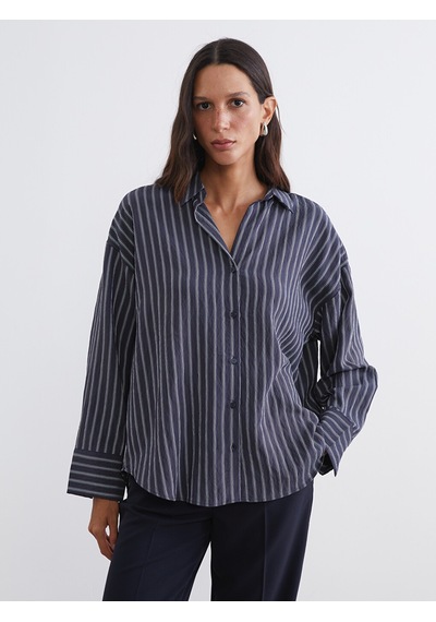 Lcw Vision Lacivert Çizgili Oversize Kadın Gömlek