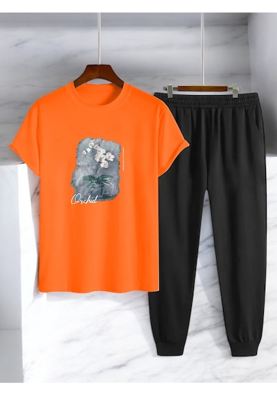 Uyguntarz Unisex Saksı Tasarım Basklı Tshirt Eşofman Takımı Turuncu