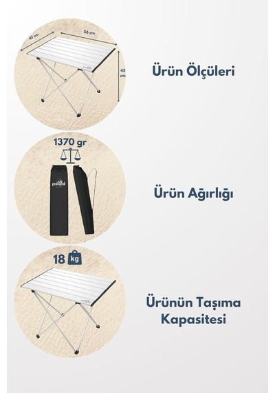 Outdoor Katlanabilir Alüminyum Kamp Ve Piknik Masası, 56x41x45 Cm, 1370 Gr, 18 Kg Taşıma Kapasitesi, Omuz Askılı Genel