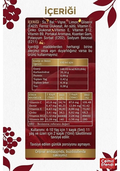Cemiron 100 Ml Demir, Çinko, Vitamin C, B9, B12 Ve E İçeren Takviye Edici Gıda