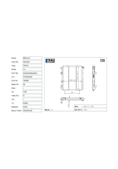 Radyator 2 Sıra Cu / Pl Renault R19 1.41.6ıe Bakır Klr-0508062pa