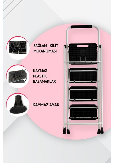 Portalife 4 Basamaklı Uzun Tutacaklı Çelik Şık Merdiven - Beyaz 150 Cm'ye Kadar