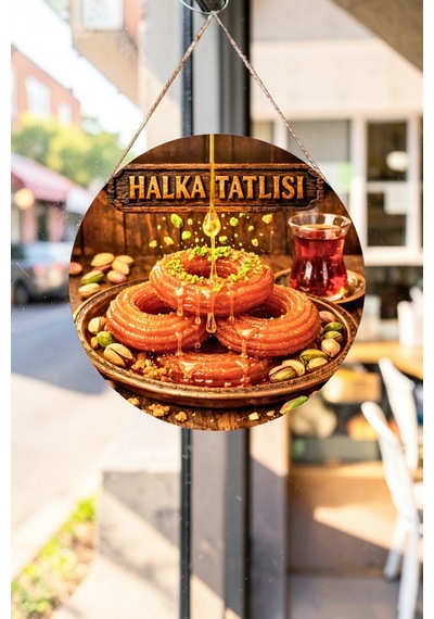 Halka Tatlısı Görselli Ahşap İpli Kapı Duvar Süsü Tatlıcı Cafe Tabelası Pano