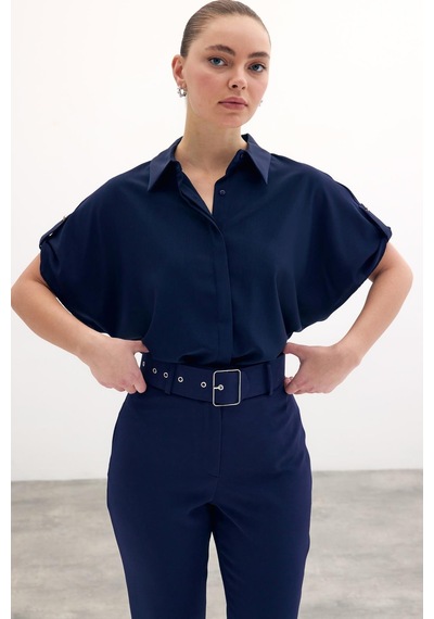 Sateen Kol Detaylı Salaş Gömlek - Lacivert-134584 Lacivert