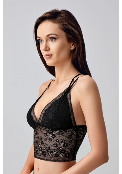 New Bra Çiçek Motifli Uzun Dantel Crop Bralet Siyah 8329