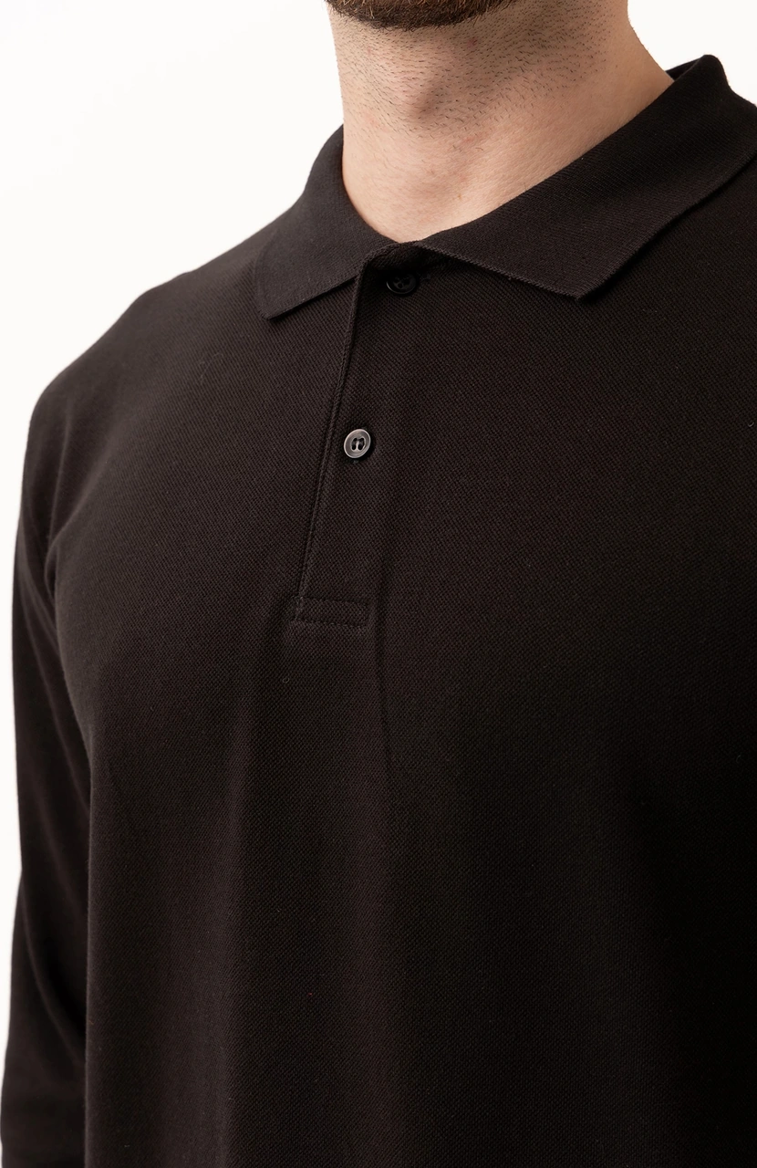 Padus %100 Pamuk Polo Yaka Uzun Kollu T-shirt Siyah