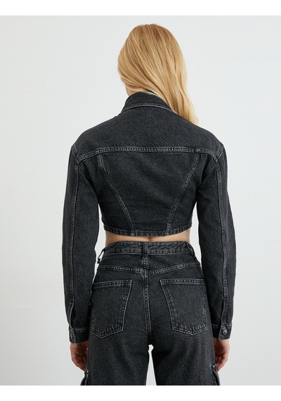 Koton Crop Kot Ceket Slim Fit Asimetrik Kesim Pamuklu Siyah 4wal50047md Siyah