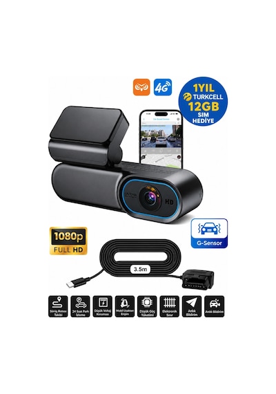 Hotkam 4g Araç İçi Kamera Google Maps Gps Takip 1080p + Turkcell 12gb Sım Hediye -1 Yıl