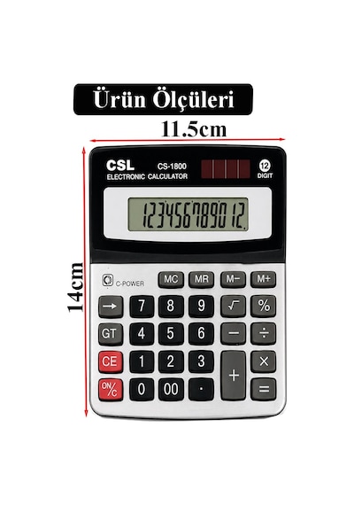 Hesap Makinesi Gri Siyah 11.5x14 Cm 1 Adet Csl Cs-1800 12 Haneli Orta Boy Ofis Büro Masaüstü Hesap Makinası