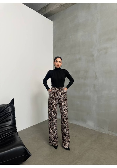 Premium Leopar Desenli Palazzo Pantolon Yüksek Bel, Oversize Bej