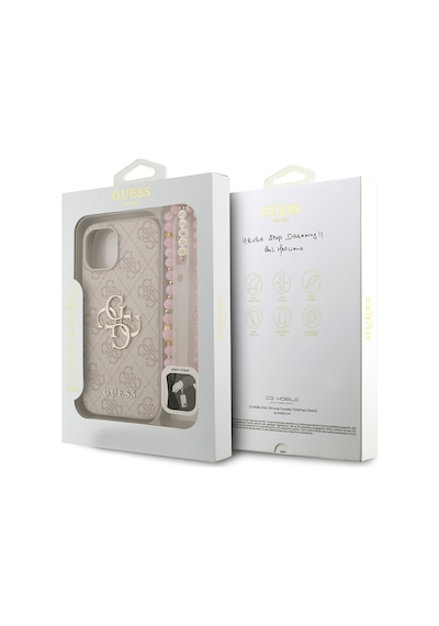 Apple Uyumlu iPhone 14 Kılıf Guess Lisanslı Bilek Askı İpli Metal 4g Ve Yazı Logolu Kapak Pembe