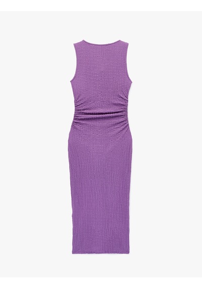 Koton Bürümcük Kumaş Drapeli Kayık Yaka Kolsuz Slim Fit Uzun Kalem Elbise Lila 6sak80010uk