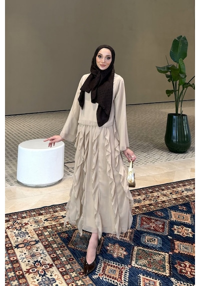 Riella Butik Mirel Volanlı Tesettür Takım Vizon