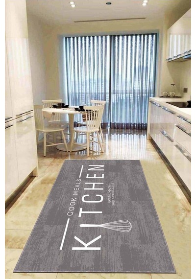 Gri Kaymaz Taban Yıkanan Kitchen Yazılı Mutfak Halısı Ar793n11