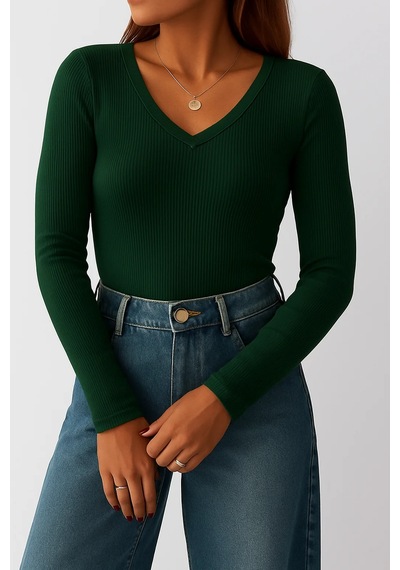 Bbbutikbasic V Yaka Waffle Bluz N5444 Koyu Yeşil