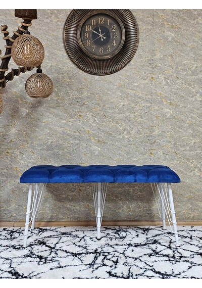 Zafir Metal Beyaz Tel Ayaklı 100 Cm Puf Bench - Puf - Bench - Oturak - Mutfak Oturağı - Antre Oturağı Mavi