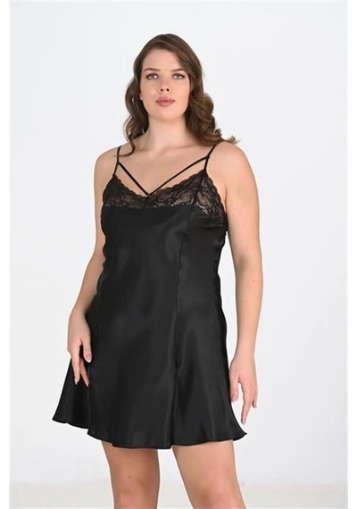Aria's Closet Arias Closet Premium Büyük Beden Saten Dantel İşlemeli Siyah Gecelik Bigsize Siyah