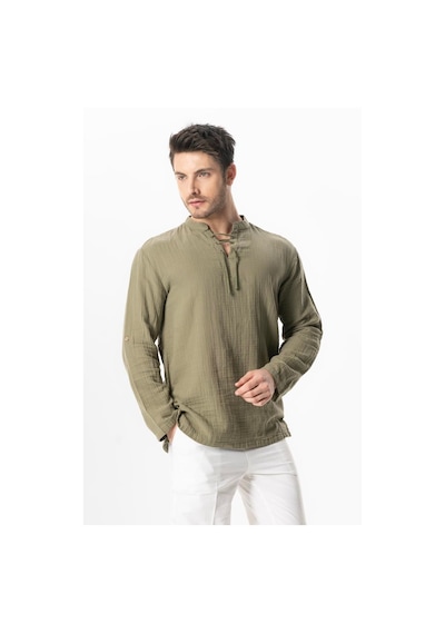 Uzun Kol Doruk V Yaka Bağcıklı Müslin Erkek Yazlık Tshirt Haki Hk Haki