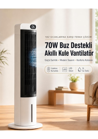70w Buz Akülü Kule Tipi Vantilatör / Uzaktan Kumandalı / 3l Su Hazneli / 24 Saat Zaman Ayarlı Fan