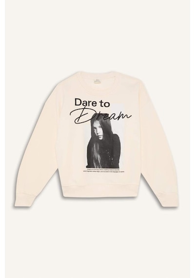 DeFacto Kız Çocuk Oversize Geniş Kalıp Bisiklet Yaka Baskılı Sweatshirt D5452A824WNER233 Ekru