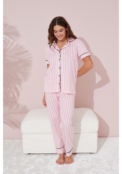 Siyah İnci Pamuklu Likralı Düğmeli Pijama Takım Pembe-beyaz Çizgili