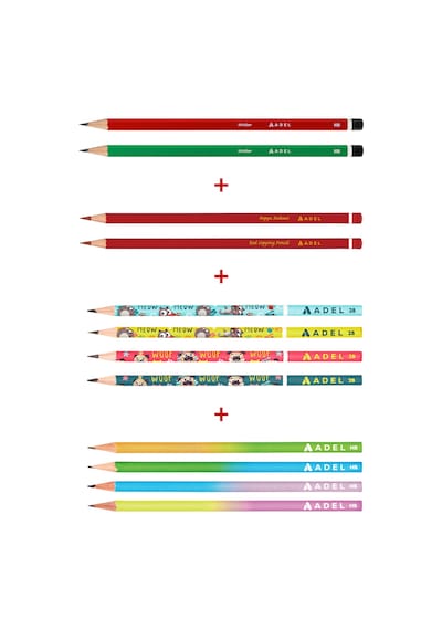 Adel Karışık Kurşun Kalem 12’li Set,Kırmızı Kalem,Mercanlı Kurşun Kalem,Pastel ve Hayvan Desenli Kalemler