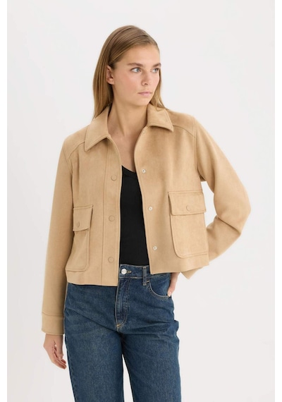 DeFacto Regular Fit Polo Yaka Cepli Basic Düz Süet Ceket Mont E6033AX25SPBG294 Bej