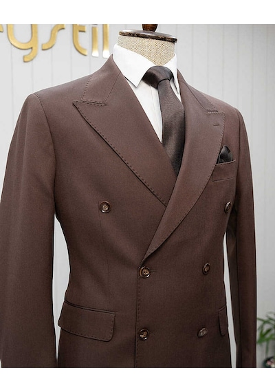 Bys Beystil Sivri Yaka Kahverengi Kruvaze Takım Elbise - Slim Fit
