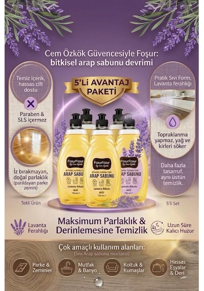 Foşurfoşur By Cem Özkök Lavanta Kokulu Bitkisel Sıvı Arap Sabunu 5 x 750 ML