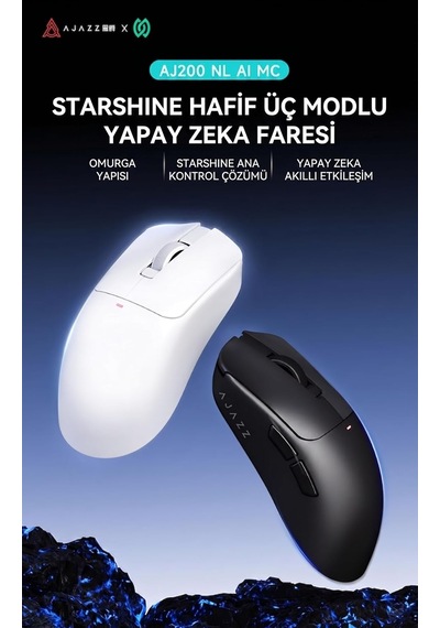 Ajazz Kablosuz Oyuncu Mouse 2.4ghz Bluetooth Kablolu 3 Modlu Bağlantı Aı Sesli Asistan Nearlink 500mah 61g Hafif 400-3200 Dpı Type-c Aj200 Nl Aı Mc - Beyaz