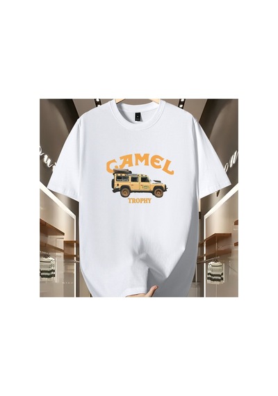 Caddemia Şık Gündelik Bol Retro Desen Baskılı Yuvarlak Yakalı Kısa Kollu Tişört Beyaz 2XL