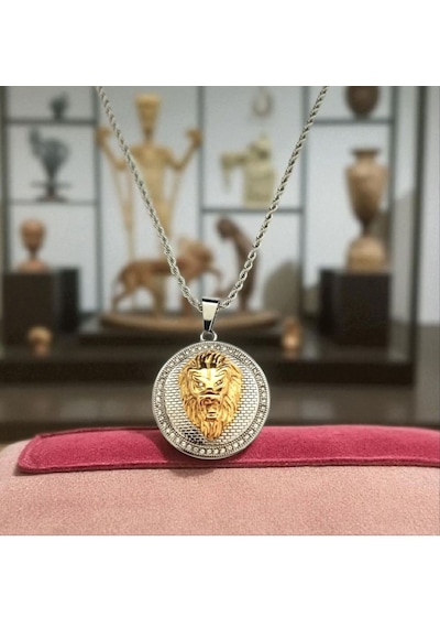 Erkek Zirkon Taşlı Aslan Figürlü Çelik Kolye 9115 Gümüş