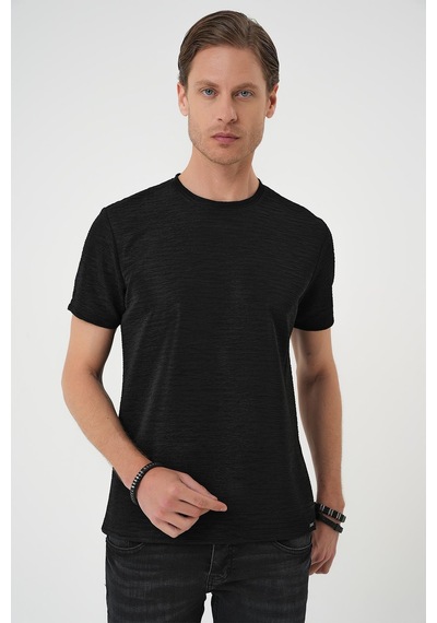 Efor Comfort Fit Bisiklet Yaka Viskon Karışımlı Dokulu Casual Siyah Tişört Ts 896 Siyah
