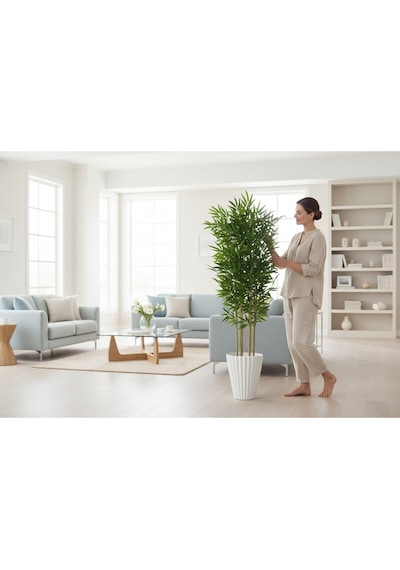 Yapay Bambu Ağaç 150 Cm 6 Dallı Yogun Yaprak Lilyum Beyaz Saksı Yeşil