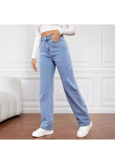 Yıkanmış Kot Moda Düz Pantolon Kot Kadın Pantolonu Açık Mavi