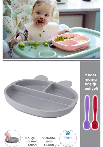 Silicolife 3 Gözlü Silikon Mama Tabağı, Vakum Tabanlı Bebek Porsiyon Tabak - 2 Mama Kaşığı Hediyeli Gri