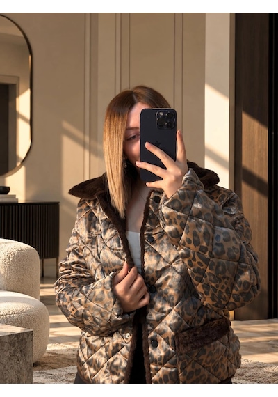 Elora Atelier Leopar Desenli Kürk Yakalı Kapitone Mont