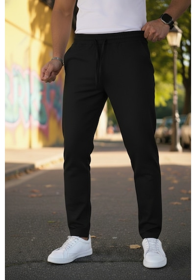 Bürke Erkek Siyah Renk Beli Lastikli Bağcıklı Duble Paça Jogger Eşofman