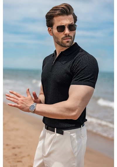 Madmext Siyah Regular Fit Polo Yaka Triko Erkek Tişört E7503