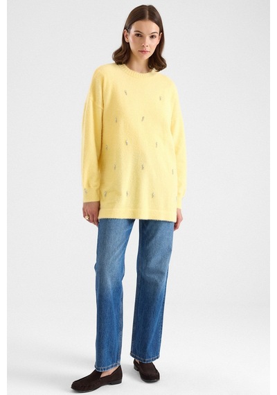 Olcay Taş Detaylı Soft Kumaş Oversize Triko Kazak Sarı 8290
