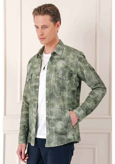 Efor Comfort Fit Yan Cep Batik Desenli %100 Pamuk Çıtçıtlı Haki Gömlek Ceket G 1568 Haki