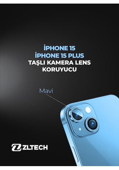 İphone 15/15plus Uyumlu Taşlı Kamera Lens Koruyucu Mavi