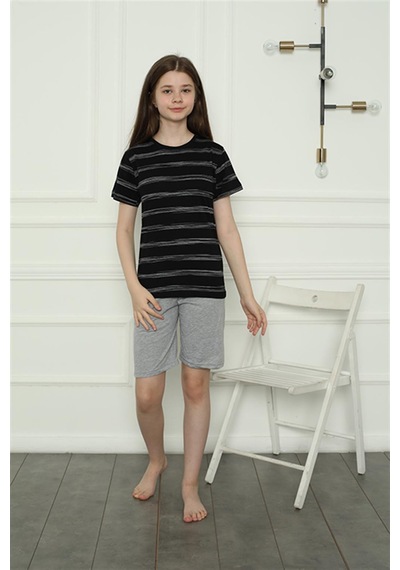 Akbeniz Kız Çocuk Penye Şortlu Pijama Takım 20405 SIYAH
