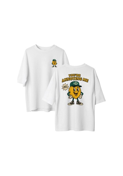 Qmen Style Unisex Beyaz Oversize Baskılı T-shirt Limon %100 Pamuk