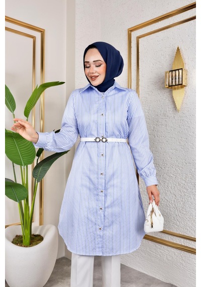 Harman Butik Kemerli Çizgili Keten Gömlek Mavi Mavi
