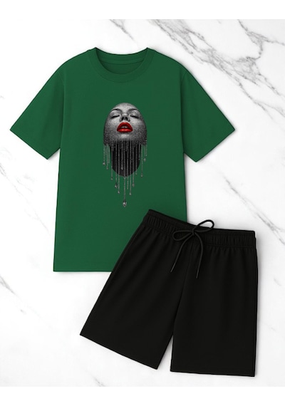 Uyguntarz Unisex Pırlantalı Kadın Portresi Tasarım Basklı Tshirt Şort Takımı Yeşil