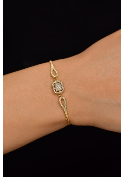 Roza Silver Zirkon Taşlı Gold 3 Sıra Baget Gümüş Bileklik